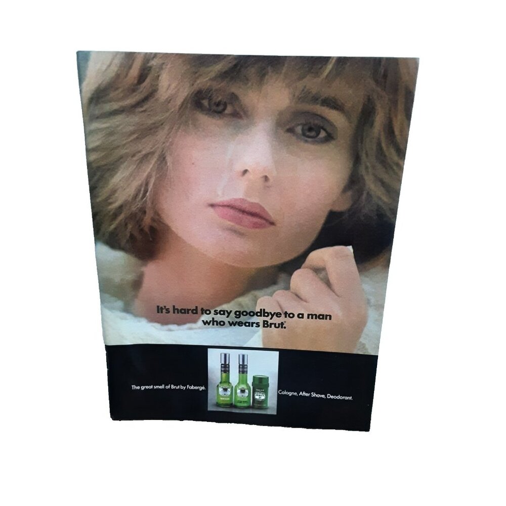 1985 Vintage Brut Cologne Print Ad Faberge After Shave Deodorant Woman